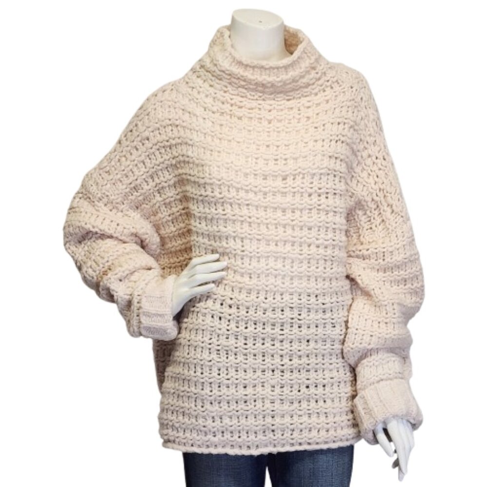 Free People Womens M/L 88% Wool Chunky Slouchy Mock Neck Boxy Ivory Sweater